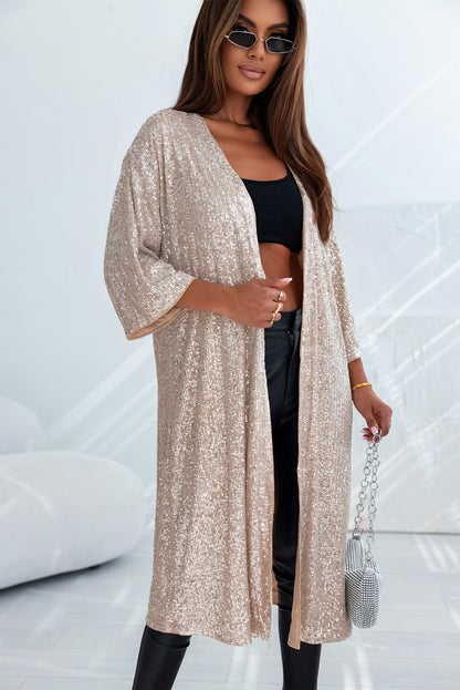 Aprikosenfarbener Kimono mit Pailletten und 3/4-Ärmeln und offener Vorderseite