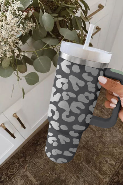 Tragbarer Becher aus Edelstahl mit Henkel, grau, Leopardenmuster, 40 oz