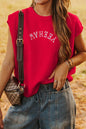 Fiery Red YEEHAW Embroidered Letter Loose Short Sleeve Sweater