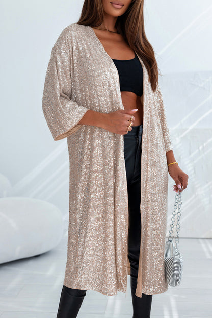 Aprikosenfarbener Kimono mit Pailletten und 3/4-Ärmeln und offener Vorderseite