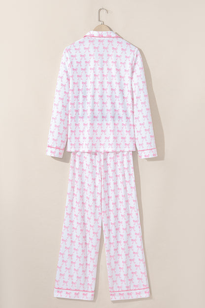 Pink Bow Print Long Sleeve Shirt and Pants Soft Pajama Set