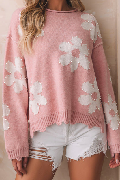 Mehrfarbiger Pullover mit Perlen und Blumenmuster und überschnittener Schulter