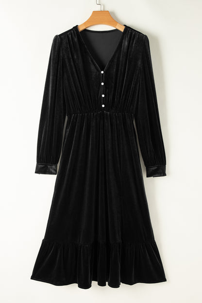 Schwarzes Midikleid aus Samt mit Knöpfen, Puffärmeln, V-Ausschnitt und Schlitz