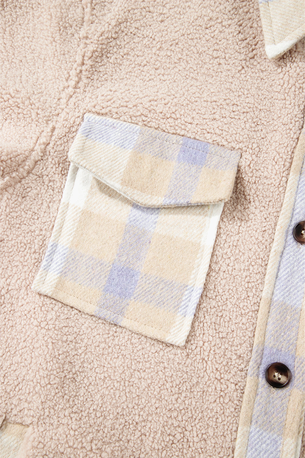 Rauchgrauer, karierter Sherpa-Langmantel mit Patchwork-Kragen und Knopfleiste