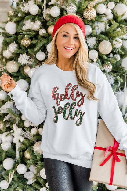 Weißes Weihnachts-Sweatshirt mit Pailletten und Holly Jolly-Grafik