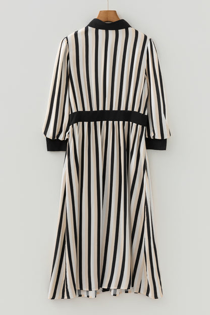 Black Stripe 3/4 Puff Sleeve Shirt Style Button Down Midi Dress