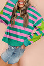 Rosa gestreiftes Stern-Patchwork-Pullover-Sweatshirt mit Rundhalsausschnitt