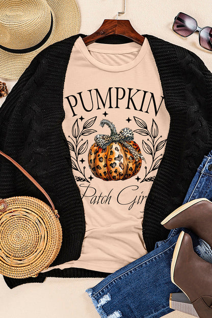 Khakifarbenes T-Shirt mit Kürbis-Grafik und Leopardenmuster
