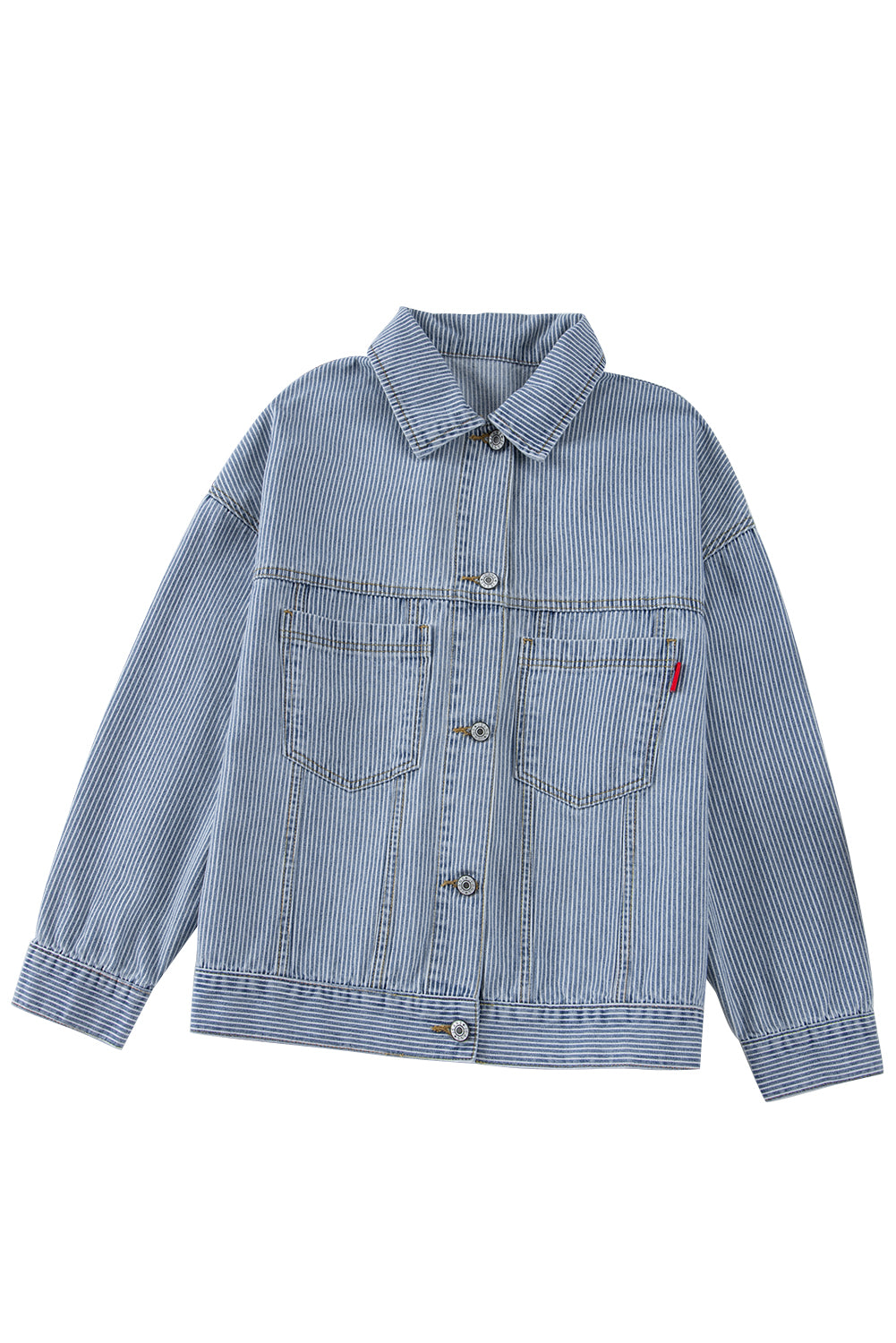 Himmelblaue, gestreifte, verwaschene Oversize-Jeansjacke mit Taschen