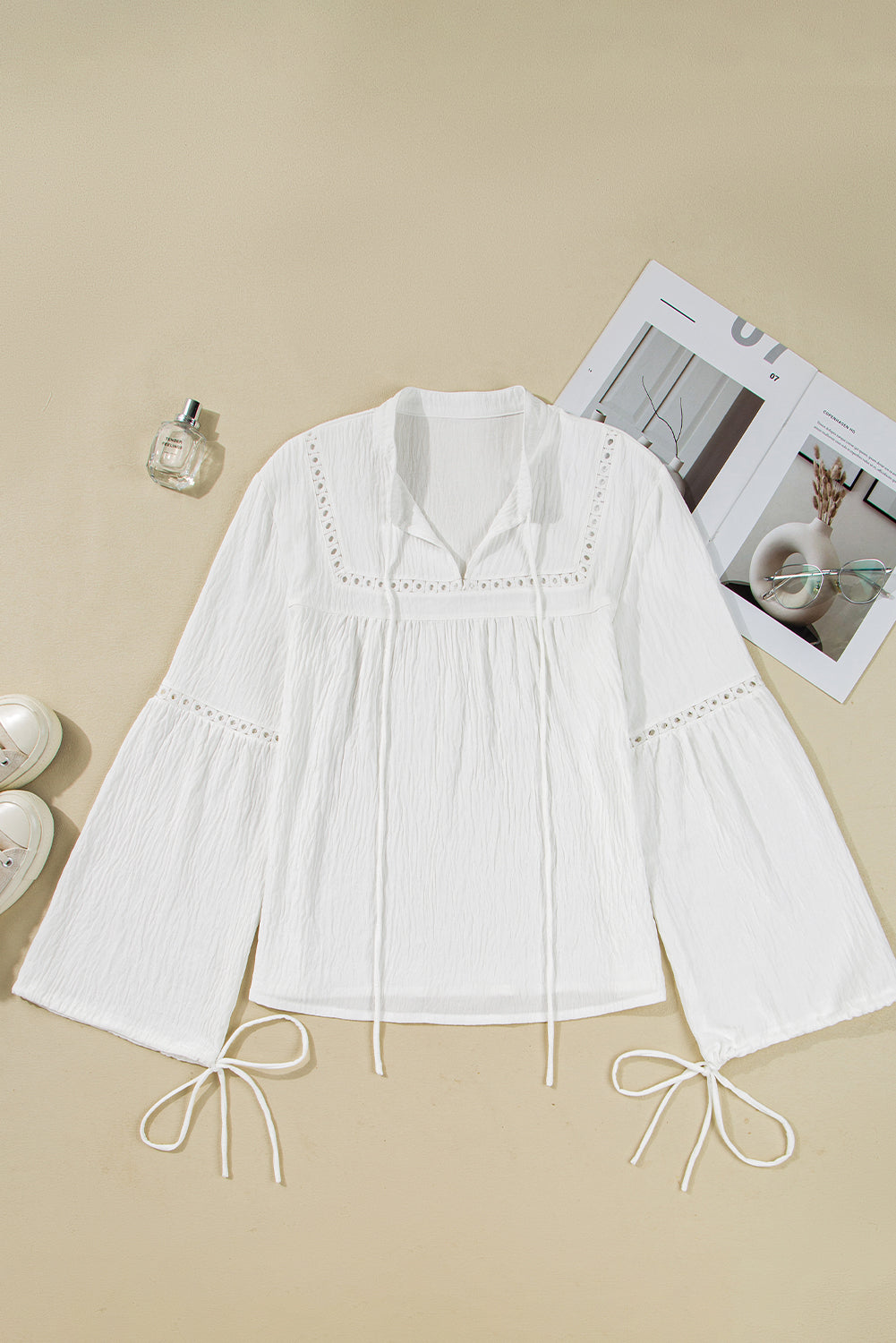 White Drawstring Lace Detail Puff Sleeve Split Neck Spring Fall Blouse