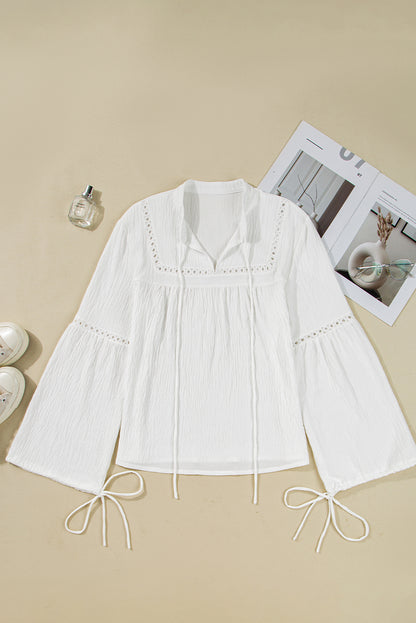 White Drawstring Lace Detail Puff Sleeve Split Neck Spring Fall Blouse