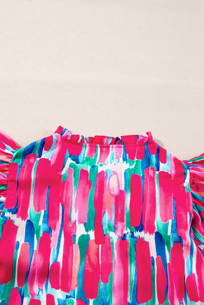 Bluse mit V-Ausschnitt und abstraktem Pinseldruck und Rüschenärmeln