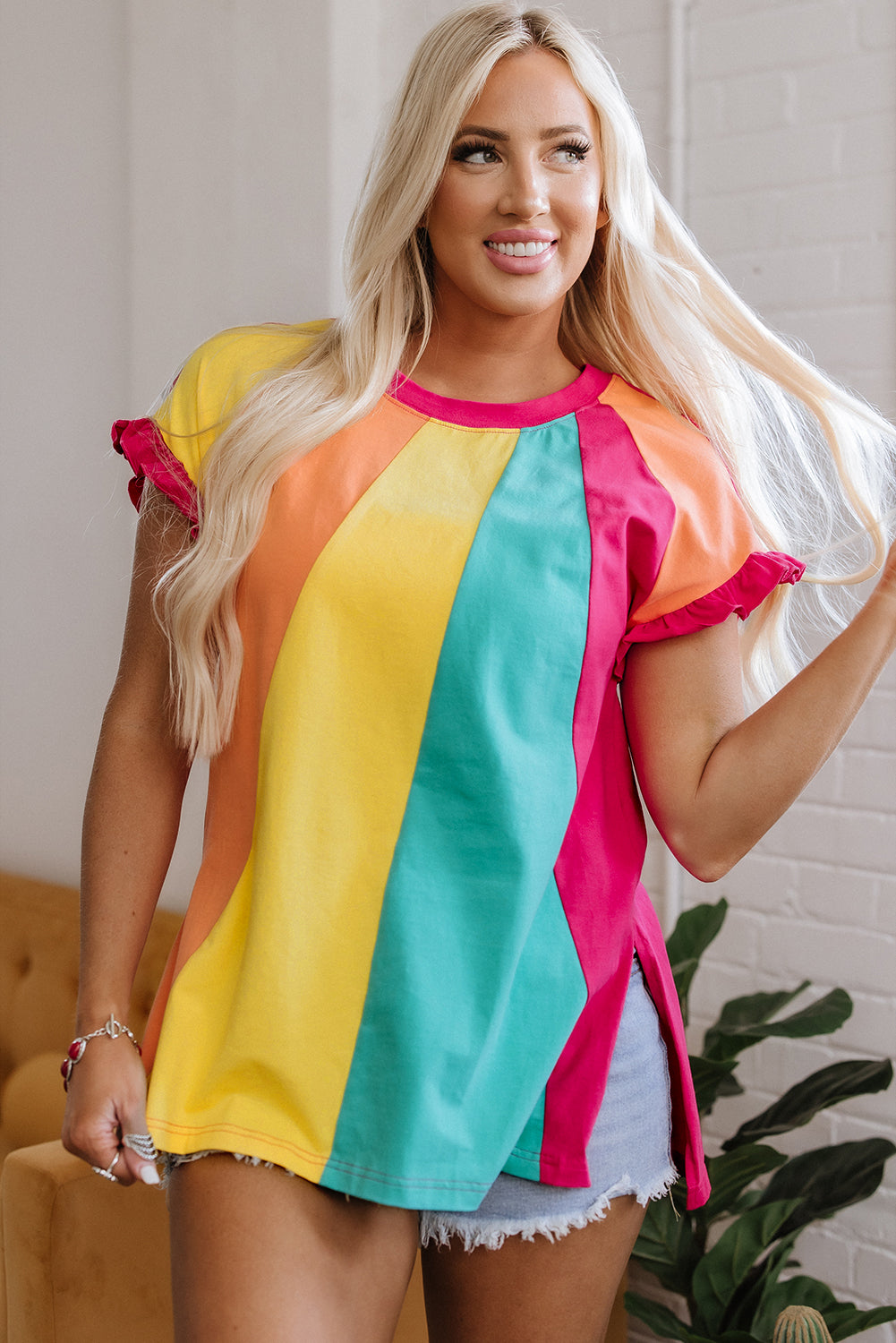 Rosarotes T-Shirt mit Rundhalsausschnitt und lockerer Passform und Farbblock