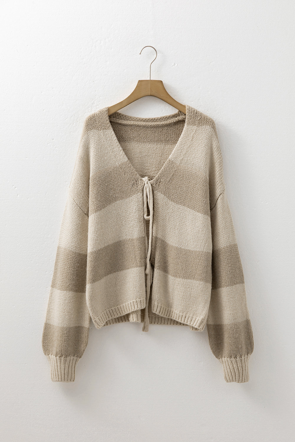 Khaki Striped Color Block Brushed Knit Bow Tie Front Sweater Cardigan