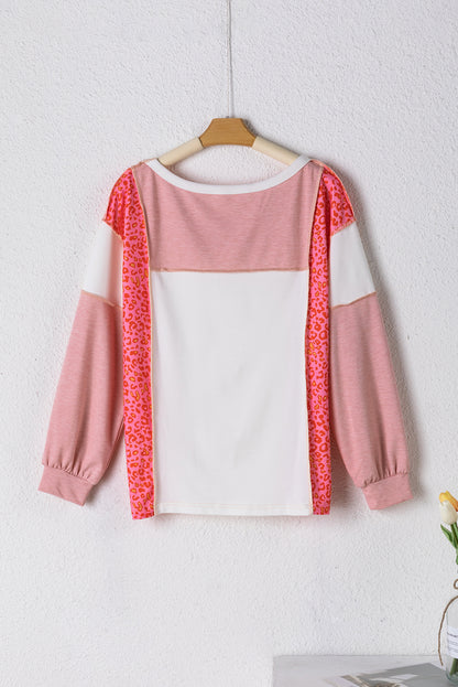 Peach Blossom Leopard Colorblock Patchwork Top mit sichtbaren Nähten
