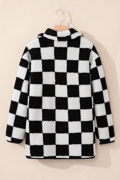 Schwarze, karierte Fleecejacke mit Seitentaschen, Kragen und Knöpfen