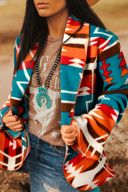 Himmelblaue Jacke mit Revers und Glockenärmeln im Azteken-Print