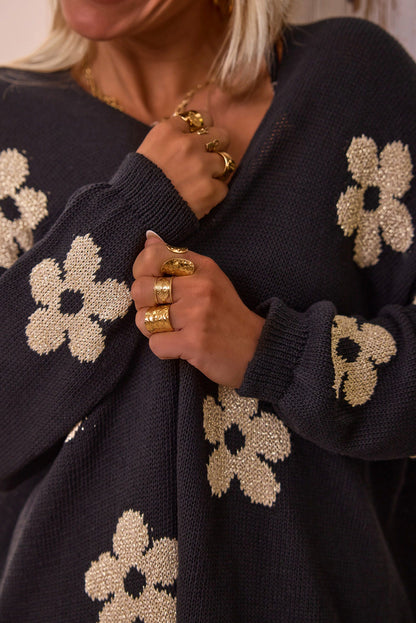 Schwarzer, lockerer Strickcardigan mit Blumenmuster und offener Vorderseite
