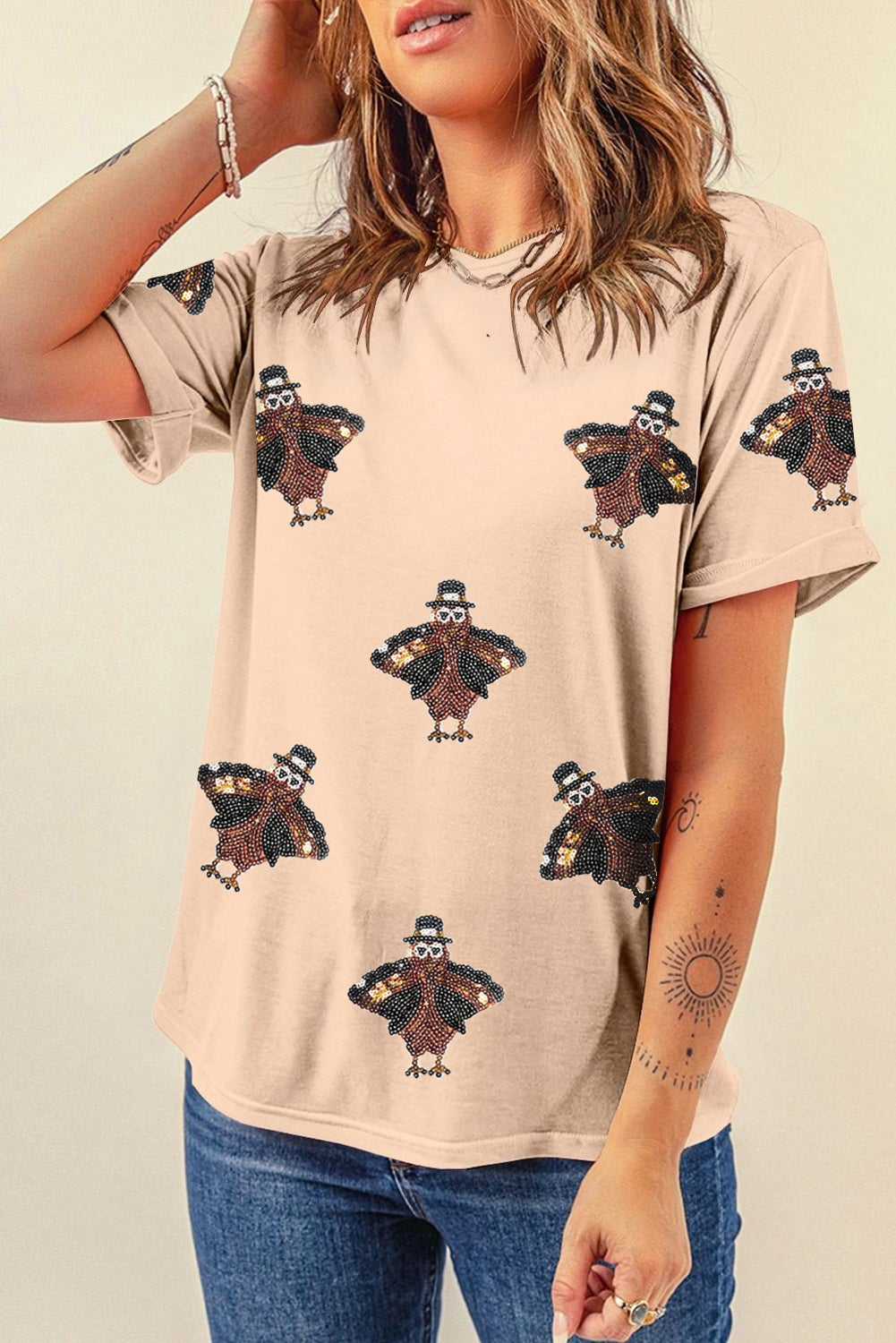 Khakifarbenes Thanksgiving-T-Shirt mit Rundhalsausschnitt und Pailletten