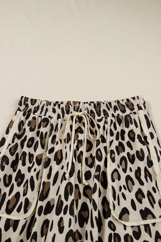 Khaki Leopard Wide Leg Cropped Pants