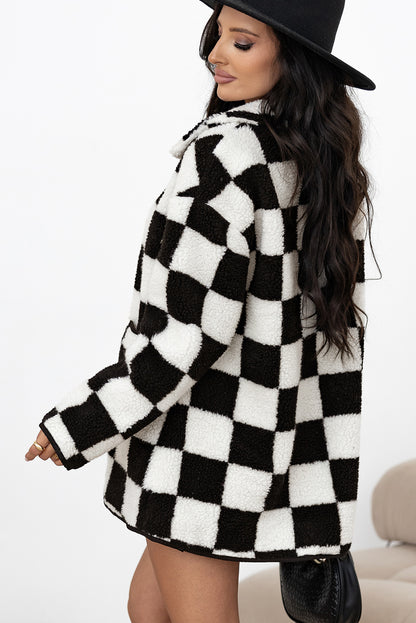 Schwarze, karierte Fleecejacke mit Seitentaschen, Kragen und Knöpfen