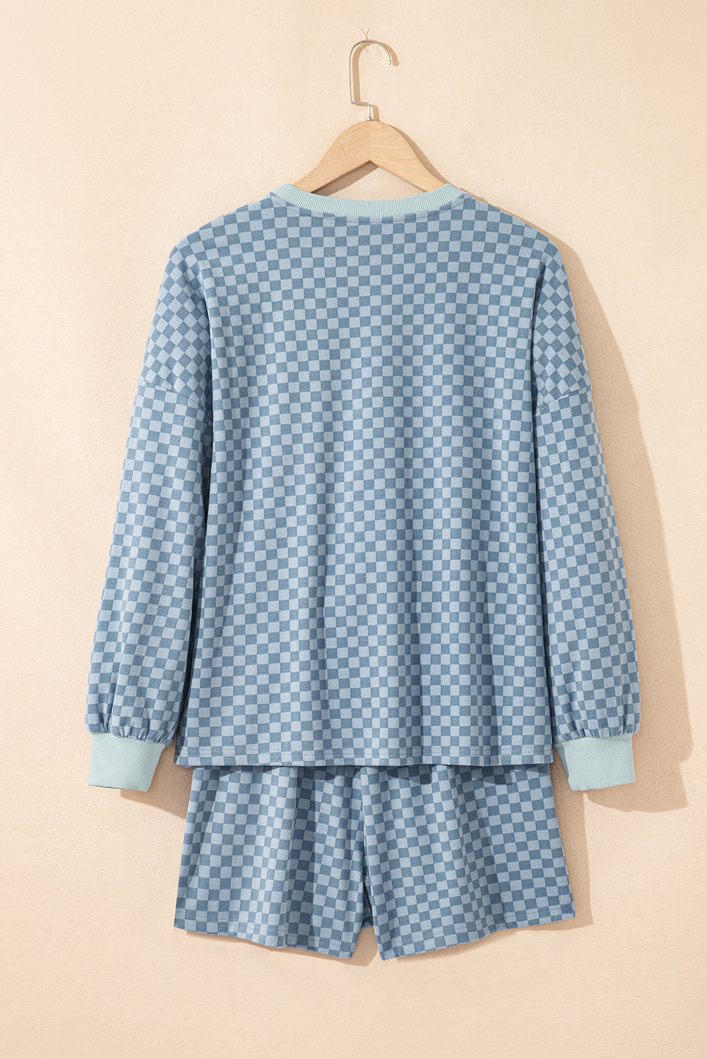 Sky Blue Checkerboard Long Sleeve Pullover and Shorts Set
