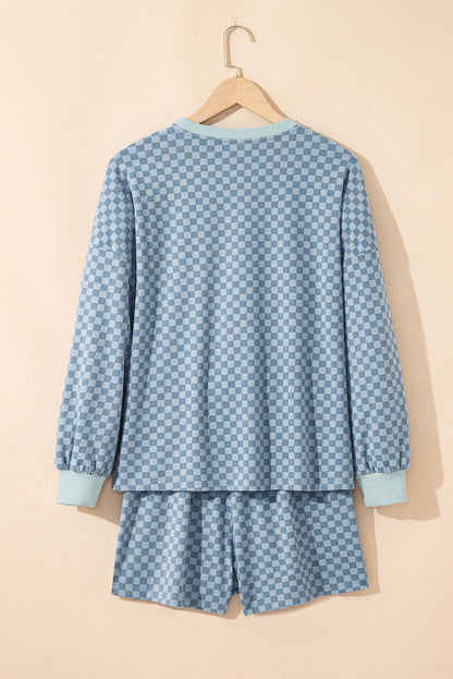 Sky Blue Checkerboard Long Sleeve Pullover and Shorts Set