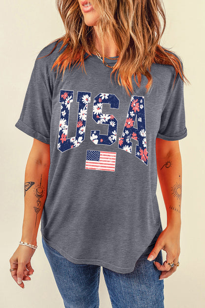 Graues, blühendes T-Shirt mit USA-Flaggen-Print