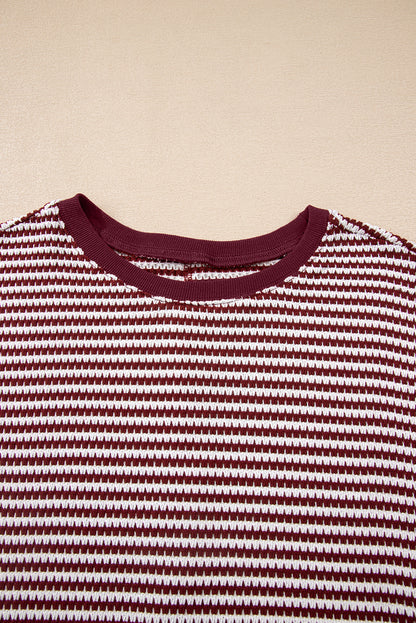 Red Stripe Ribbed Trim Drop Shoulder Long Sleeve Oversize Top
