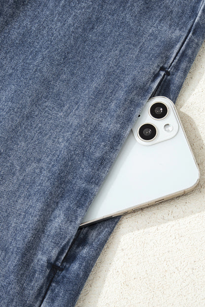 Sail Blue 3/4 Sleeve Tied V Neck Pleated Denim Mini Dress