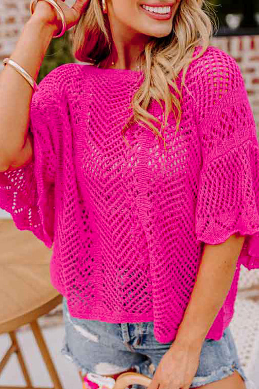 Rosarotes Pointelle-Stricktop mit Muschelsaum und kurzen Ärmeln