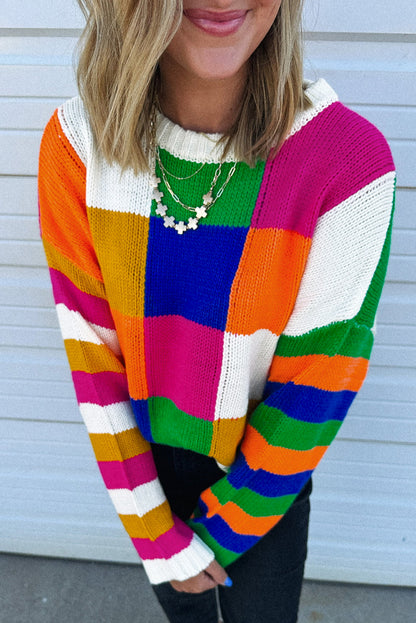 Orange karierter Farbblock-Pullover mit Rundhalsausschnitt und lockerem Schnitt