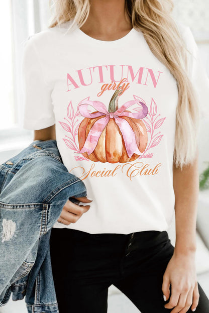 Weißes Herbst-Girly Thanksgiving Bowknot Kürbis Grafik T-Shirt