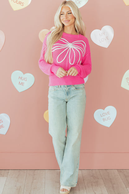 Sachet Pink Sweet Bow Decor Hollow Out Knitted Drop Shoulder Sweater