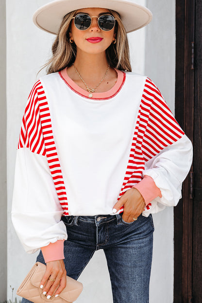 Red Stripe Colorblock Patchwork Contrast Stitching Oversize Sweatshirt