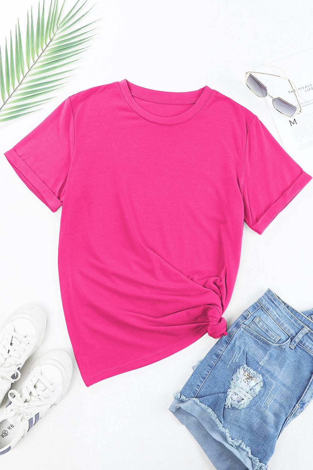 Lässiges, schlichtes T-Shirt mit Rundhalsausschnitt in Rosarot