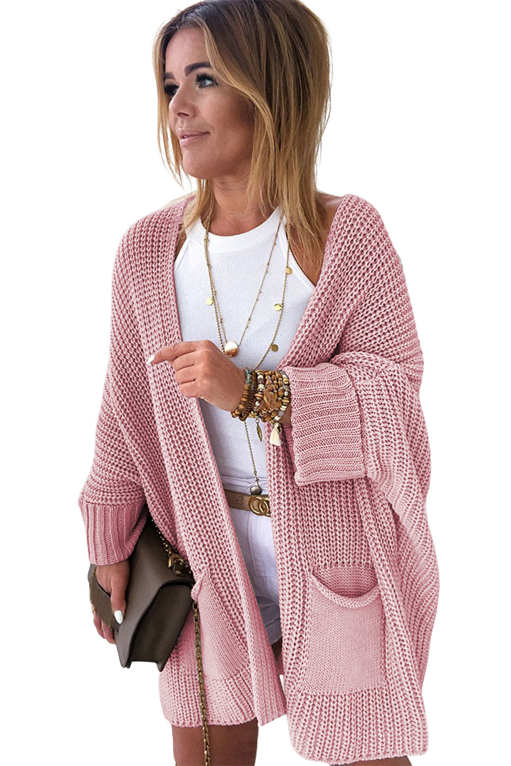 Rosafarbener Oversize-Strickpullover mit umgeschlagenen Ärmeln