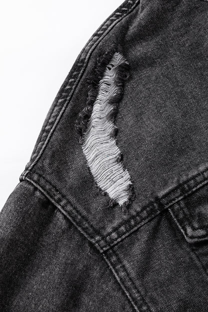 Schwarze Jeansjacke mit Kapuze und ausgefranstem Saum