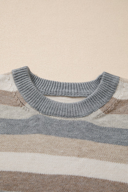 Grau gestreifter Pullover mit Farbblock und geripptem Rand und Rundhalsausschnitt