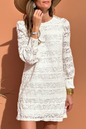 White Lace Crochet Round Neck Puff Sleeve Shift Mini Dress
