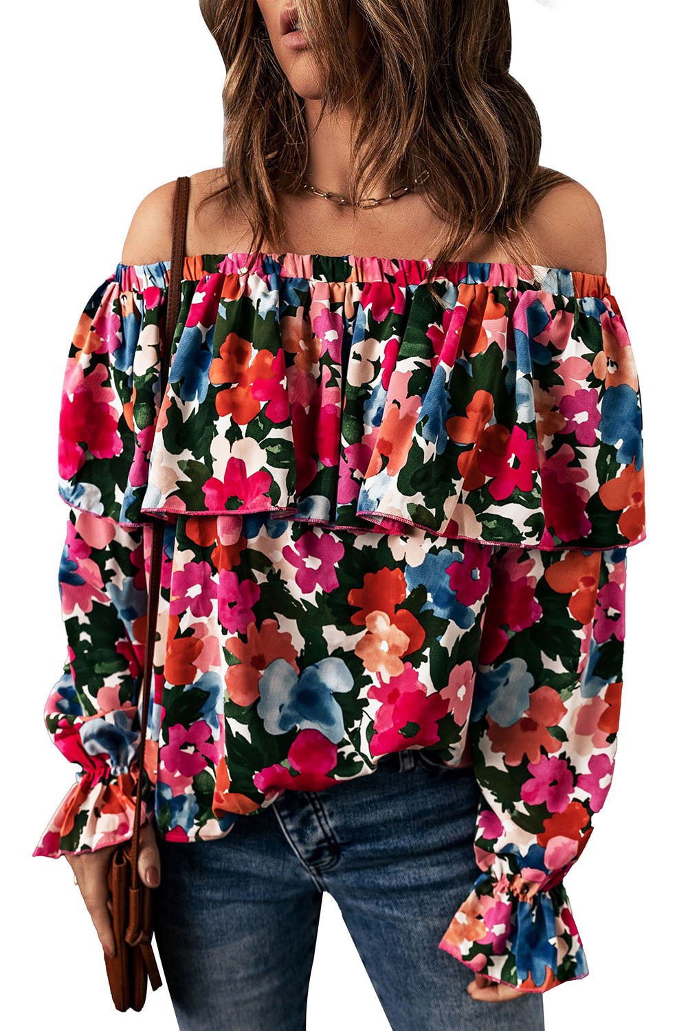 Schulterfreie Bluse mit Blumenmuster und Rüschen