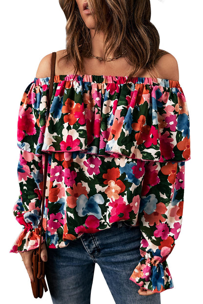 Schulterfreie Bluse mit Blumenmuster und Rüschen