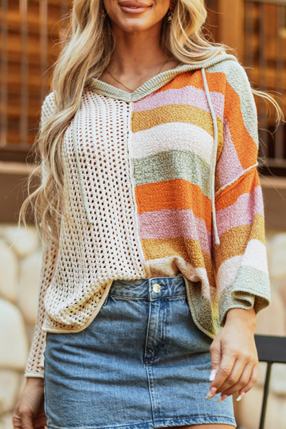 Beigefarbener Oversize-Kapuzenpullover mit Farbblockdesign und V-Ausschnitt