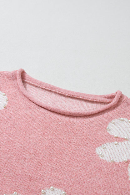 Mehrfarbiger Pullover mit Perlen und Blumenmuster und überschnittener Schulter