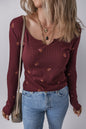 Burgundy Notched Neck Floral Print Ribbed Long Sleeve Top