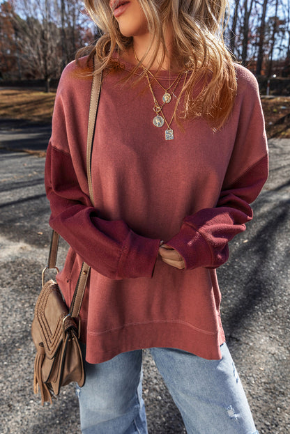 Mineralrotes zweifarbiges Patchwork-Pullover-Sweatshirt mit überschnittener Schulter