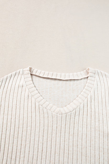 Khaki Ribbed Knit V Neck Slouchy Two-piece Outfit