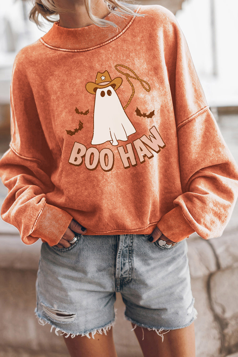 Oranges Sweatshirt mit überschnittenen Ärmeln und BOO HAW Ghost Halloween-Print