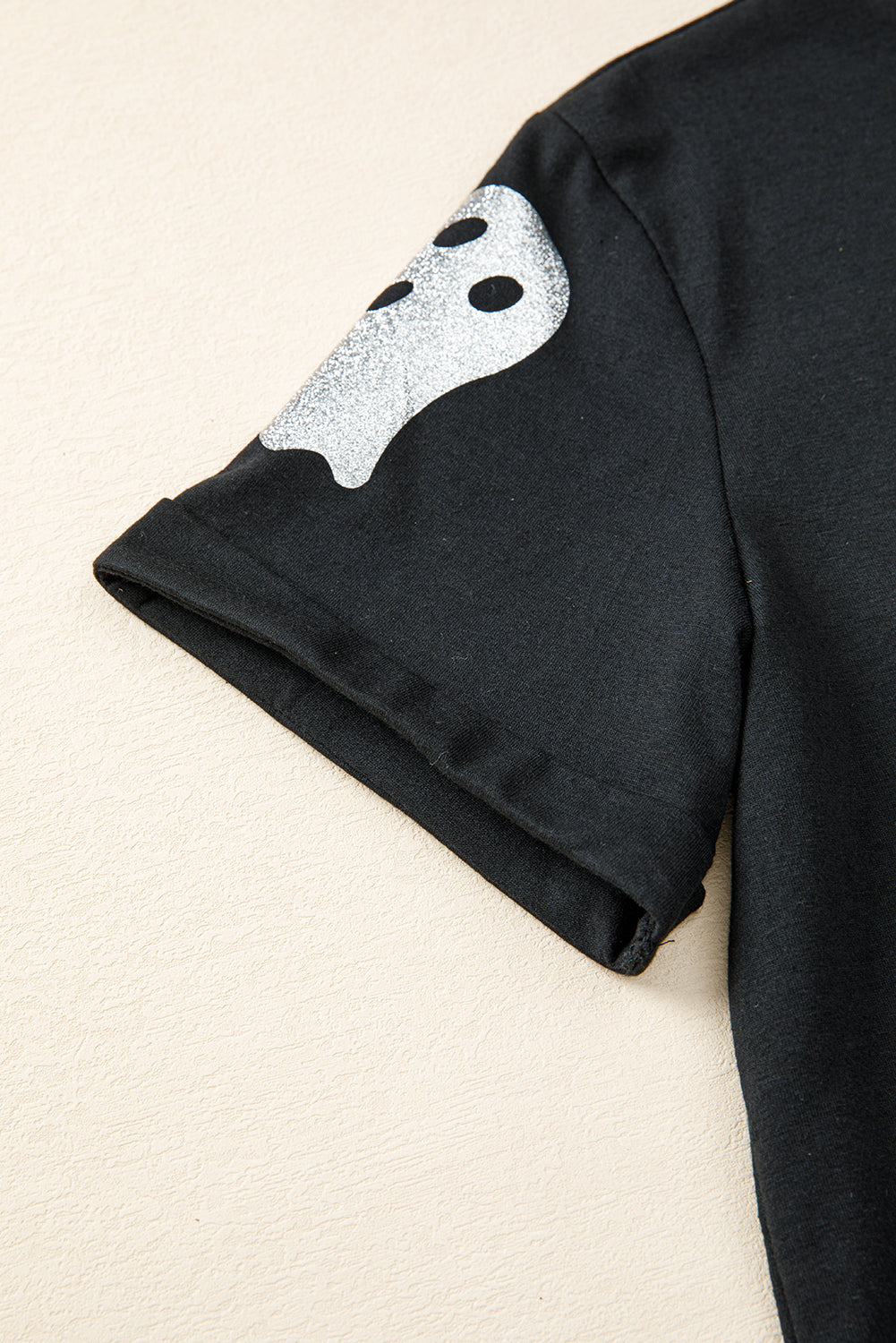 Black Glitter Ghost Pattern Crew Neck Halloween T Shirt