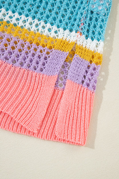 Rosa gestreifter Colorblock-Pullover mit 3/4-Ärmeln und ausgehöhltem Häkelmuster